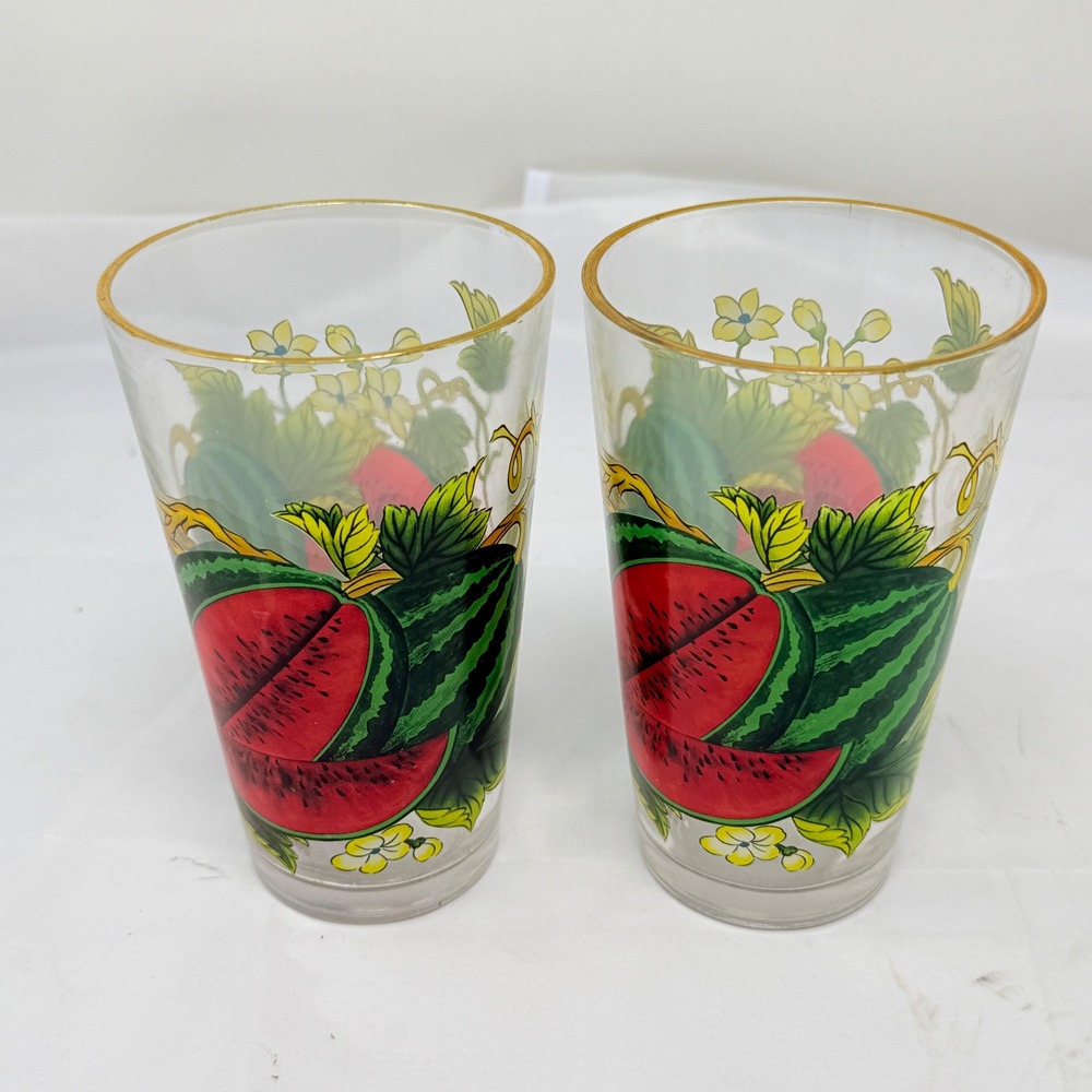 KMC Watermelon Glass Tumblers Set of 2 Gold Rim Vintage Style Summer Fruit 6in